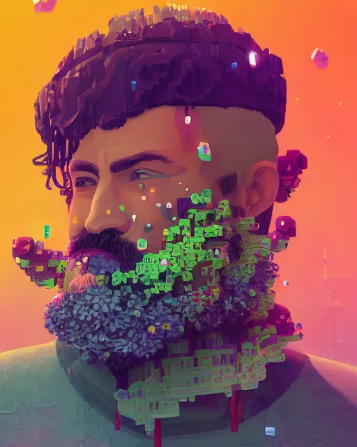 Image similar to a realistic ultradetailed digital painting of a man with flowers in his beard, profile, cyberpunk art by beeple, behance contest winner, retrofuturism, voxel art, # pixelart, dystopian art