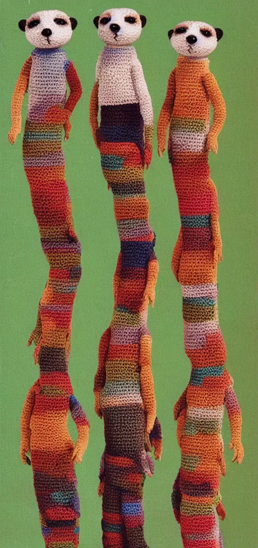 Prompt: multicolored crocheted meerkats, 1 9 8 0 s catalogue photo