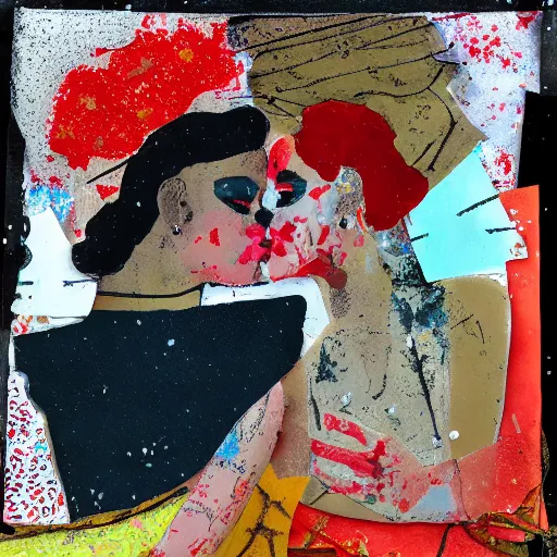 Image similar to two women kissing at a carnival in winter, mixed media collage, retro, paper collage, magazine collage, acrylic paint splatters, bauhaus, claymation, layered paper art, sapphic visual poetry expressing the utmost of desires by jackson pollock