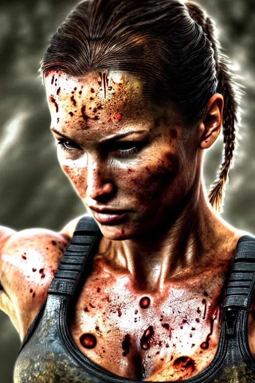 Image similar to candid action photographic portrait muscular sweat lara croft, covers with mud exhausted face close up, highly detailed, moody emotional cinematic, pouring iridescent rain, 8 k, hd, high resolution, ultra realistic faces 8 k