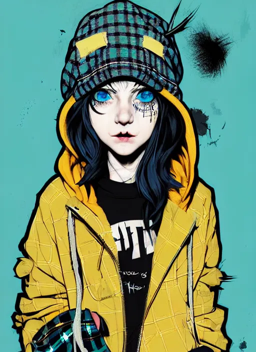 Prompt: highly detailed portrait of a sewer punk lady student, blue eyes, tartan hoody, hat, white hair by atey ghailan, by greg tocchini, by kaethe butcher, by alex horley, gradient yellow, black, brown and cyan color scheme, grunge aesthetic!!! ( ( graffiti tag wall flat colour background ) )