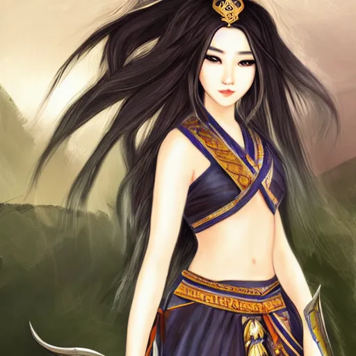 Prompt: ancient asian dynasty princess, three kingdom, dynasty warriors, cute face, standing in an oasis in the desert, comics, beautiful, elegant, headshot, long black hair, digital painting, smooth, concept art