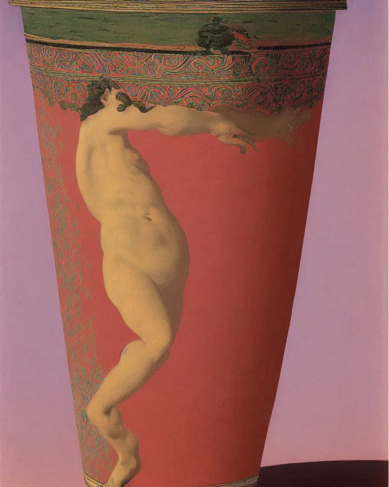 Image similar to achingly beautiful print of intricately painted ancient greek krater on a pink background by rene magritte, monet, and turner.