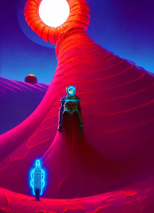 Image similar to paul atreides on the planet dune standing before a sandworm, beautiful detailed realistic cinematic character concept fashion portrait, hi - fructose art magazine, by anton fadeev and paul lehr and david heskin and josan gonzalez, 8 k