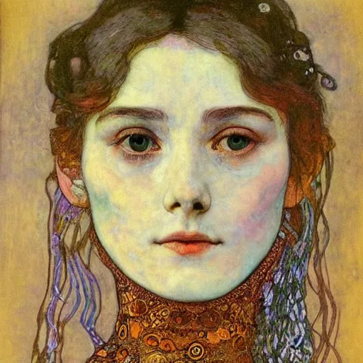 Image similar to portrait of a beautiful young lady with silver eyes, colored daguerreotype by klimt, by schiele, by mucha, by Mackintosh, art novesi, liminal, Bright pastel colors