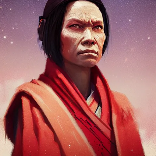 Image similar to portrait of a woman by greg rutkowski, jedi queen, half asian, black bob hair, star wars expanded universe, she is about 5 0 years old, wearing jedi red robes.