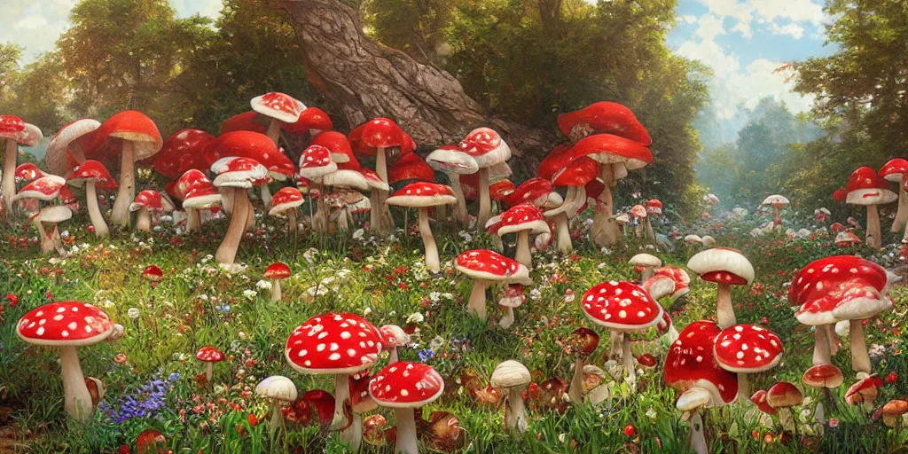 Prompt: landscape, Mushroom Kingdom, Super Mario Theme, hundreds of red and white spotted mushrooms, by Stanley Artgerm Lau , greg rutkowski, thomas kindkade, alphonse mucha, loish, norman Rockwell