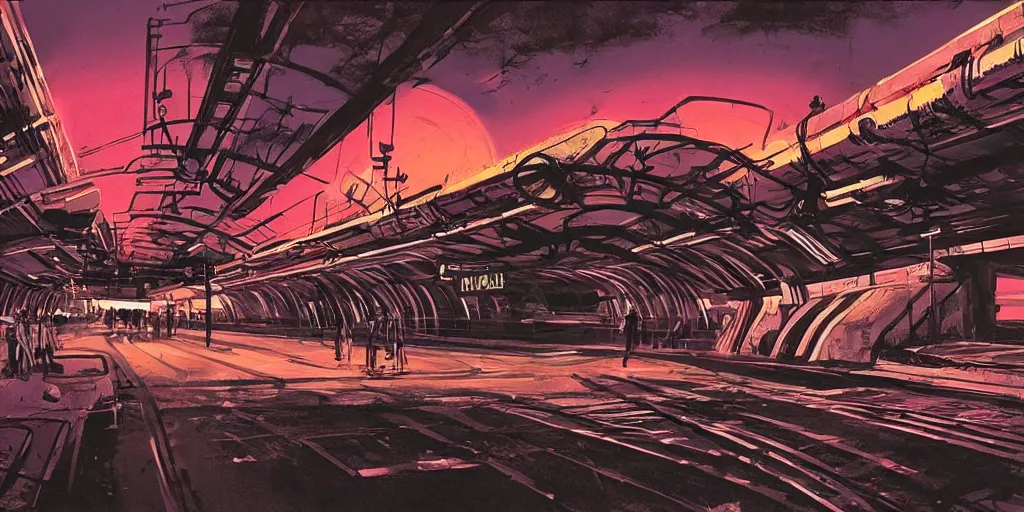 Image similar to post apocalyptic wasteland neon futuristic cyberpunk vaporwave glow sunset clouds sky subway tunnel illustration by syd mead