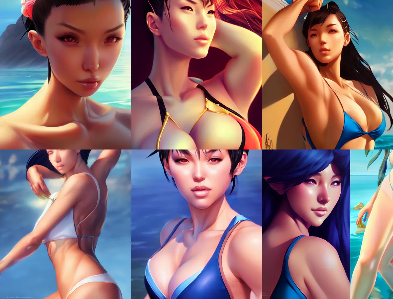 Prompt: beautiful portrait of a gorgeous swimsuit model who looks like Chun Li , character design by charlie bowater, ross tran, artgerm, and makoto shinkai, detailed, soft lighting, rendered in octane