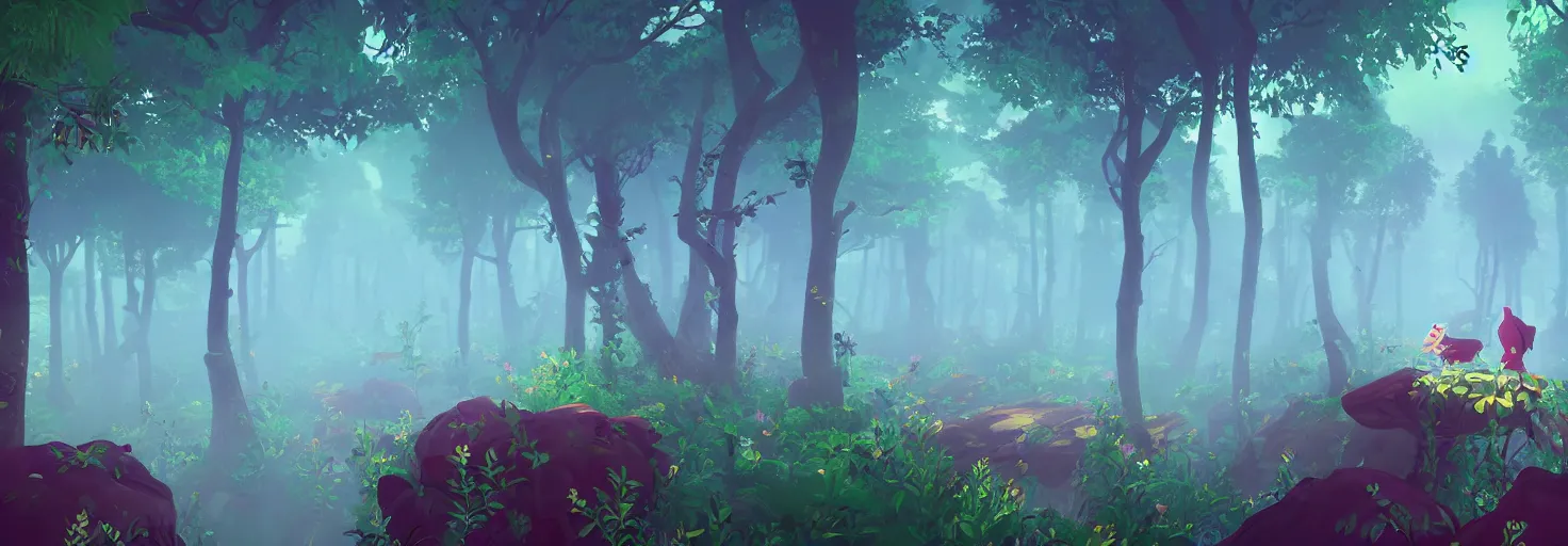 Prompt: magical enchanted forest, background parallax layer from a gorgeous indie platform game, stylised, rich and vibrant, intricate, detailed, volumetric fog