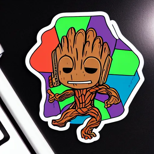 Image similar to svg sticker of a Pop-Wonder Groot-Marvel-Avenger at a rave, spinning records, giant headphones rocking out, wearing headphones, huge speakers, dancing, rave, DJ, spinning records, digital art, amazing composition, rule-of-thirds, award-winning, trending on artstation, featured on deviantart