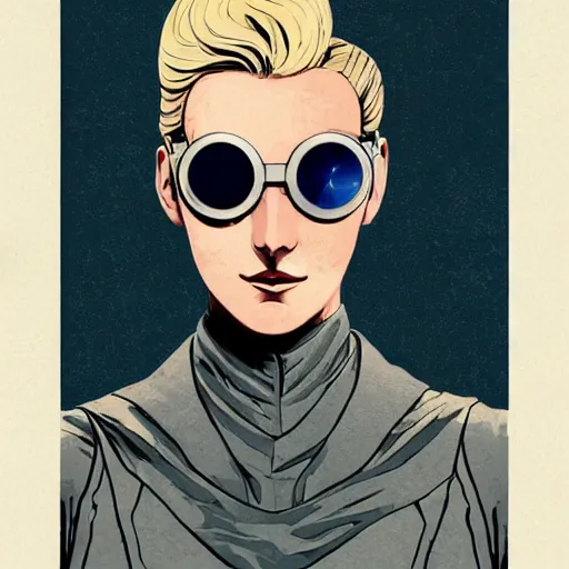 Prompt: tattooed stoic heroic emotionless dirty butch blonde woman space hero with very short slicked - back hair, wearing dark - lensed victorian goggles, wearing white and gold satin uniform and cape, moebius, rough paper, smooth median photoshop filter cutout vector, behance hd by jesper ejsing, by rhads, makoto shinkai and ron cobb.