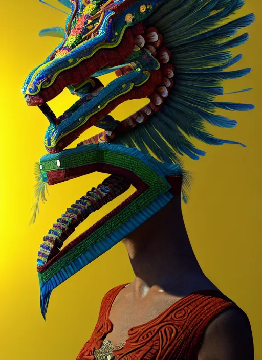 Image similar to 3 d goddess long shot. beautiful intricate highly detailed quetzalcoatl mask and feathers. ahuizotl, atotolin, bioluminescent, plasma, lava, ice, water, wind, creature, lightning and dark clouds, artwork by tooth wu and wlop and beeple and greg rutkowski, 8 k trending on artstation,