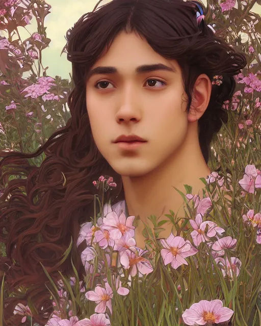 Image similar to 3 / 4 portrait, young male spring god, brown skin, long dark hair, flower dress, beautiful, flowers, detailed field background, elaborate jewelry, artstation, ilya kuvshinov, alphonse mucha, william bouguereau, rossdraws, greg rutkowski, super detailed, illustration, realistic, octane render, sharp focus, cinematic, 8 k