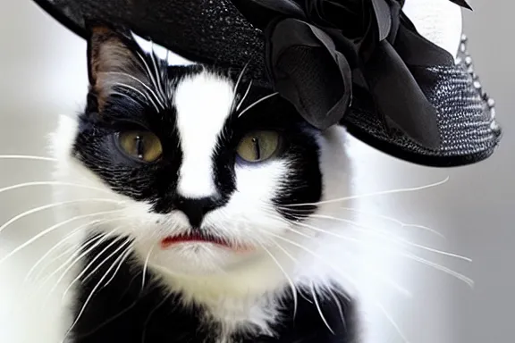 Image similar to a black and white cat dressed up as queen elizabeth