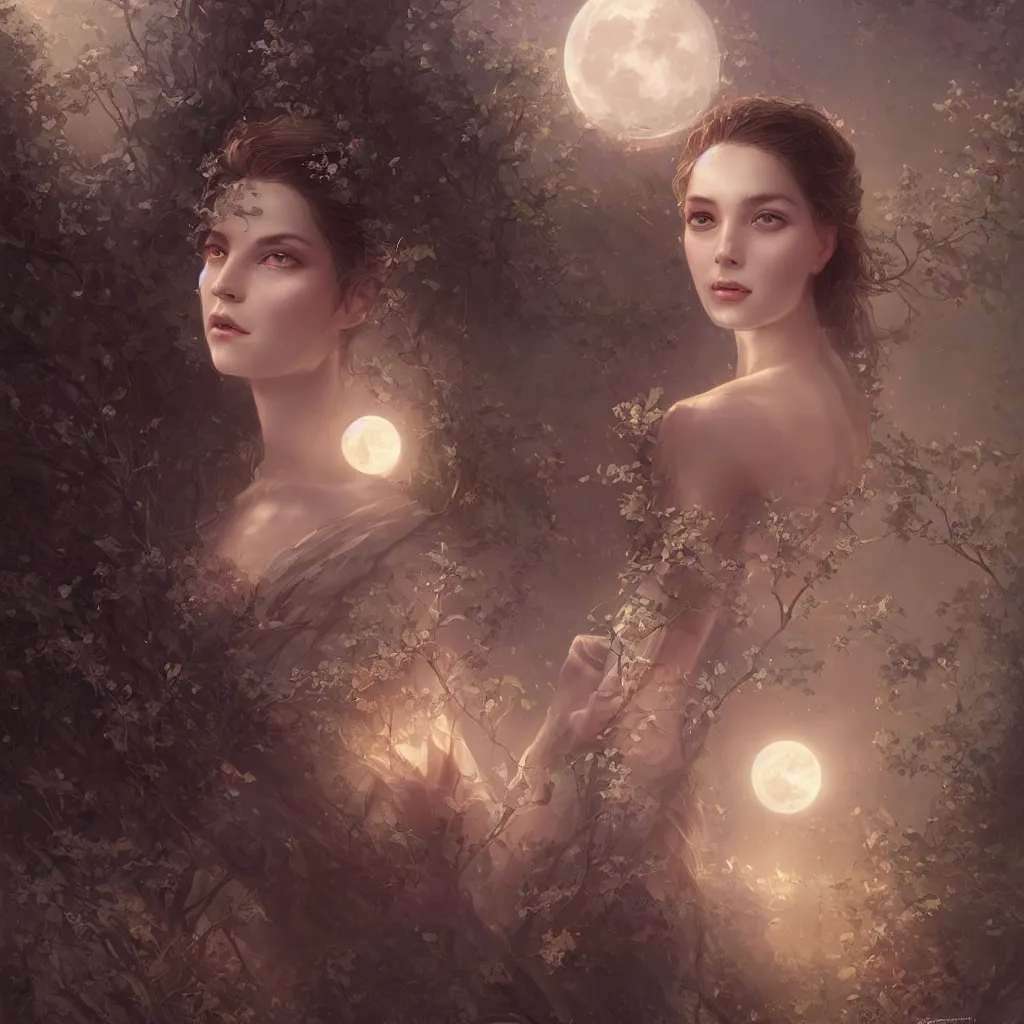 Image similar to a beautiful digital painting of a princess, princess, the moon behind her, intricate, cinematic lighting, highly detailed, digital painting, concept art, smooth, sharp focus, illustration, art by tom bagshaw, artgerm and greg rutkowski