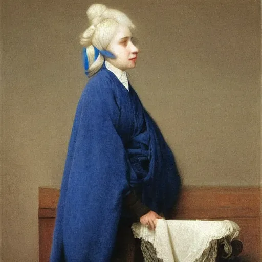 Prompt: a young woman’s face, her hair is white and she wears a flowing cobalt blue cloak, by ivan aivazovsky and pieter claesz and paul delaroche and alma tadema and august malmstrom and and willen claesz heda and aelbert cuyp and gerard ter borch, contrapposto, hyperrealistic, volumetric light, rendered in octane, c4d