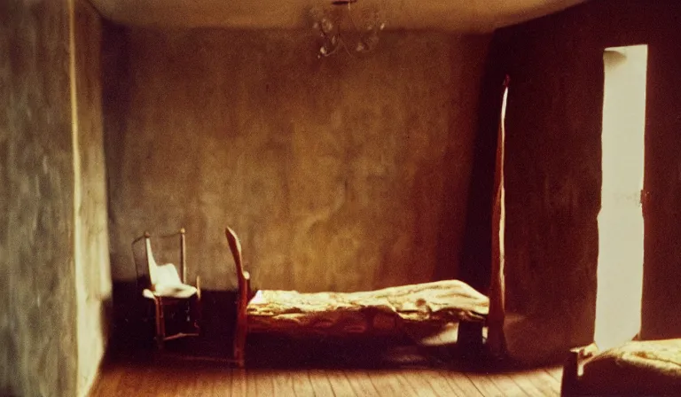 Image similar to A bedroom designed by Leonora Carrington, 35mm film, long shot