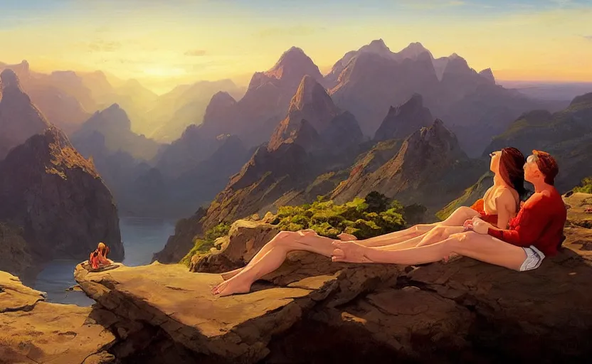 Prompt: A couple sitting on a cliff and watching the beautiful sunset, mountains, river, birds flying, beautiful view, oil on canvas by Frank Frazetta, digital art, WLOP, Mandy Jurgens