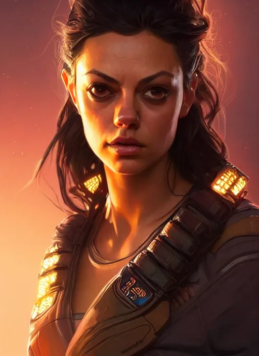 Image similar to portrait of apex legends mila kunis, intricate, elegant, glowing lights, highly detailed, digital painting, artstation, glamor pose, concept art, smooth, sharp focus, illustration, art by artgerm and greg rutkowski, artey freytag