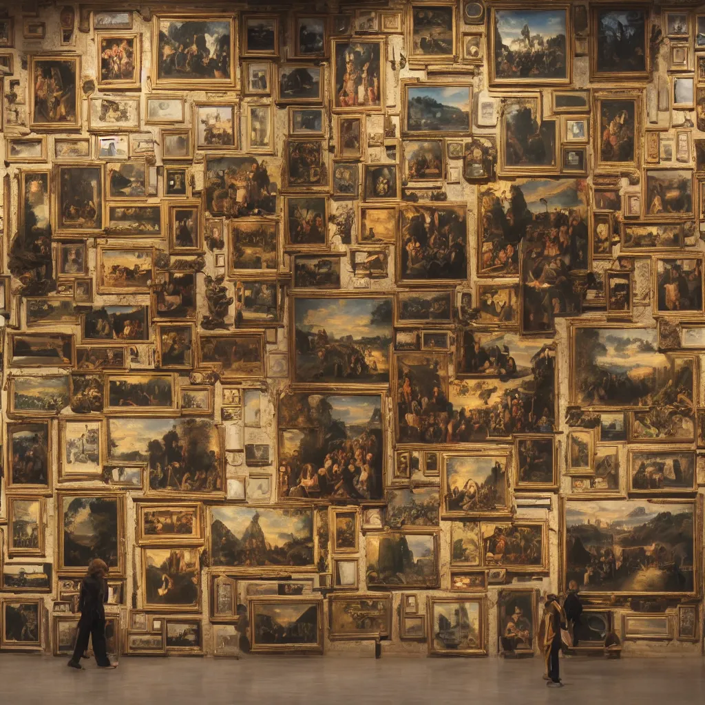 Prompt: a wall at an exhibition that has six of the world's most famous paintings