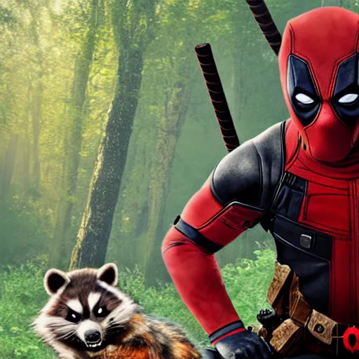 Image similar to deadpool and rocket raccoon in the woods digital art 4 k detailed