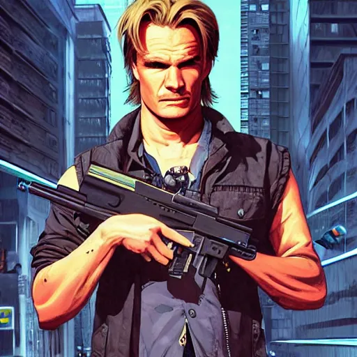 Image similar to [UHD MacGyver as a GTA character on the streets of futuristic laserpunk Dallas, correct face, intricate facial details, symmetrical face, elegant, graphic detail, digital painting, trending on artstation, concept art, tonalism, sharp focus, illustration, art by Akira Toriyama and Greg Rutkowski and Alphonse Mucha]