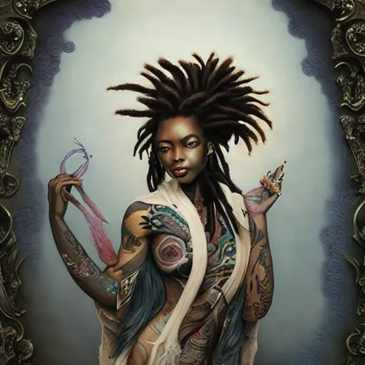 Image similar to pretty black woman with dreadlocks and tattoos, wearing a kimono, ultrarealistic,, in the style of peter mohrbacher by weta digital and beth cavener, intricate, masterpiece, award winning, intricate