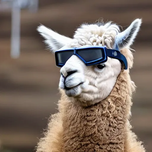 Image similar to an alpaca wearing a construction helmet and safety goggles