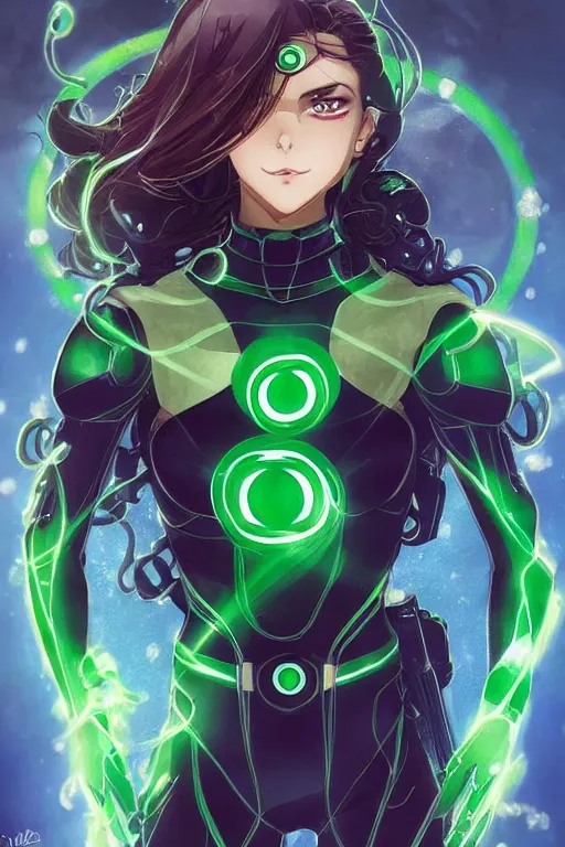 Image similar to anime key visual of a beautiful young female green lantern!! intricate, green and black suit, glowing, powers, dc comics, cinematic, stunning, highly detailed, digital painting, artstation, smooth, hard focus, illustration, art by artgerm and greg rutkowski and alphonse mucha