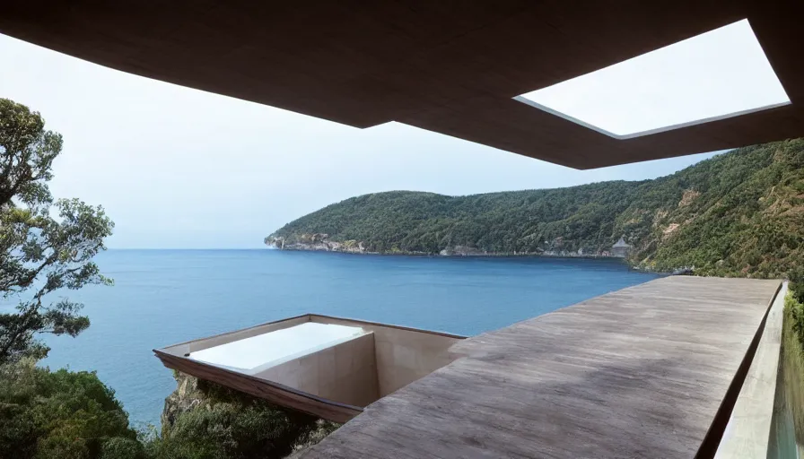 Image similar to modern house perched on a cliff overlooking a magnificient bay, drawing architecture, pritzker architecture prize, greig fraser