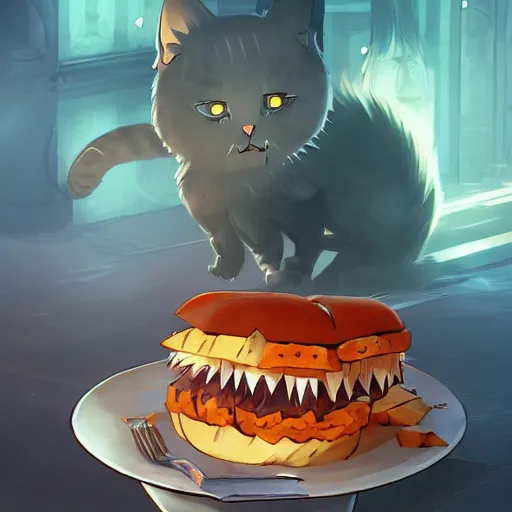 Prompt: a scared cat running away from the giant carnivorous sandwich, artstation hq, dark phantasy, stylized, symmetry, modeled lighting, detailed, expressive, created by hayao miyazaki