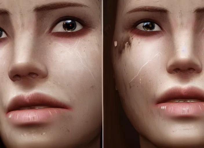 Image similar to a female looking directly while her left eye is closed and the other right eye is wide open, horror, dark, naturel, hyper detailed, digital art, trending in artstation, cinematic lighting, studio quality, smooth render, unreal engine 5 rendered, octane rendered, art style by klimt and nixeu and ian sprigger and wlop and krenz cushart