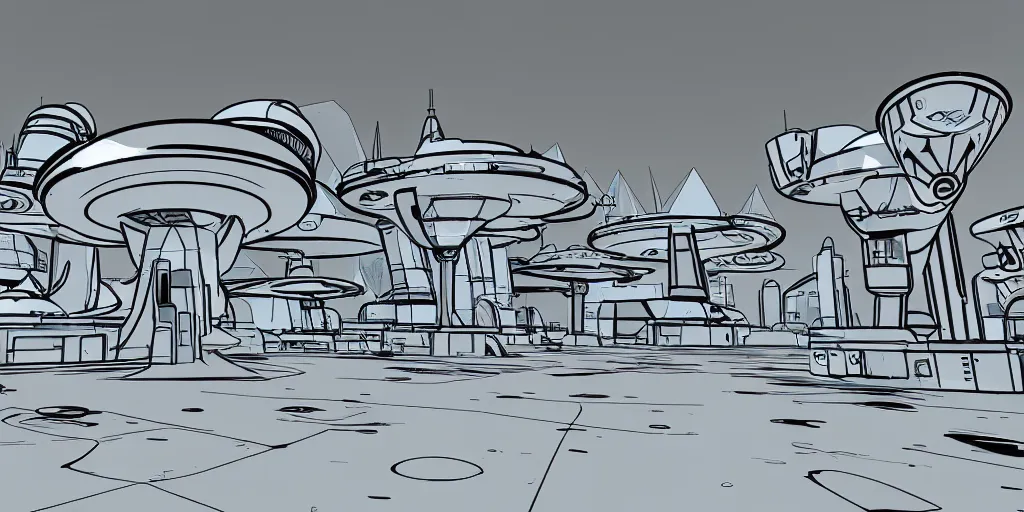 Prompt: futuristic space port in the style of the jetsons cartoon, retro line art, path traced