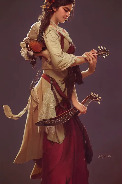 Prompt: beautiful bard holding a mandolin, accurate anatomy, only two hands, highly detailed, digital painting, artstation, concept art, smooth, sharp focus, illustration, Unreal Engine 5, 8K, art by Artgerm and greg rutkowski and alphonse Mucha