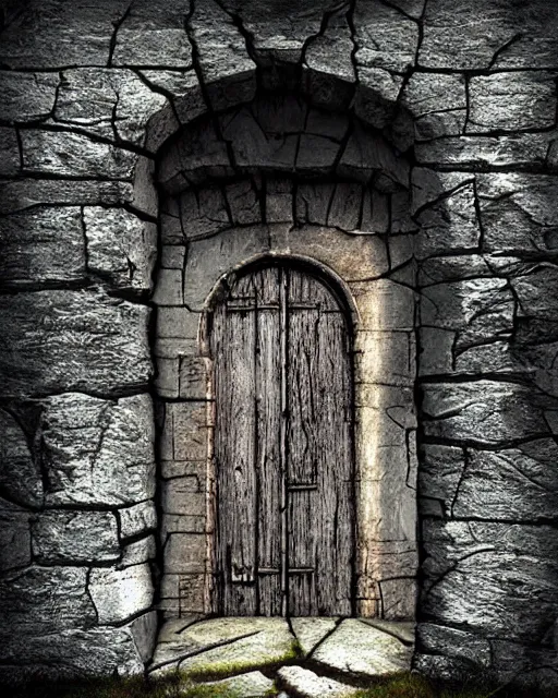 Prompt: ! dream a lovecraftian ghost realm doorway in the center of old stone wall photorealistic vivid