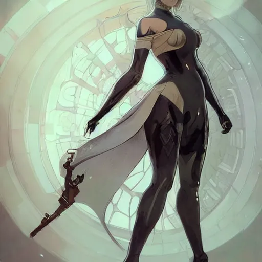 Image similar to a digital concept art by artgerm and greg rutkowski and alphonse mucha. clear portrait of 2 b nier automata in a skintight suit aiming a gun!! hyper detailed, character concept, full body!! dynamic pose, glowing lights!! intricate, elegant, highly detailed, digital painting, artstation, concept art, smooth, sharp focus, illustration