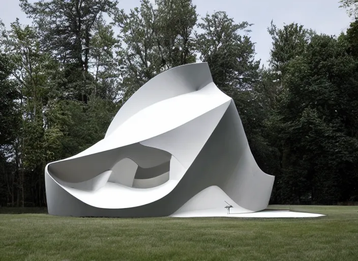 Prompt: architectural photo of a doghouse designed by zaha hadid