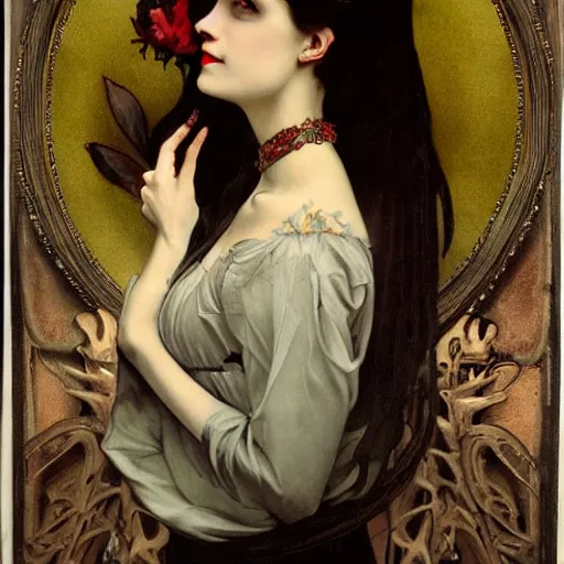 Image similar to A beautiful painting of a lady vampire, victorian, dracula, ominous, oil on canvas, photorealism, alphonse mucha, caravaggio, irwin penn, high definition, soft light