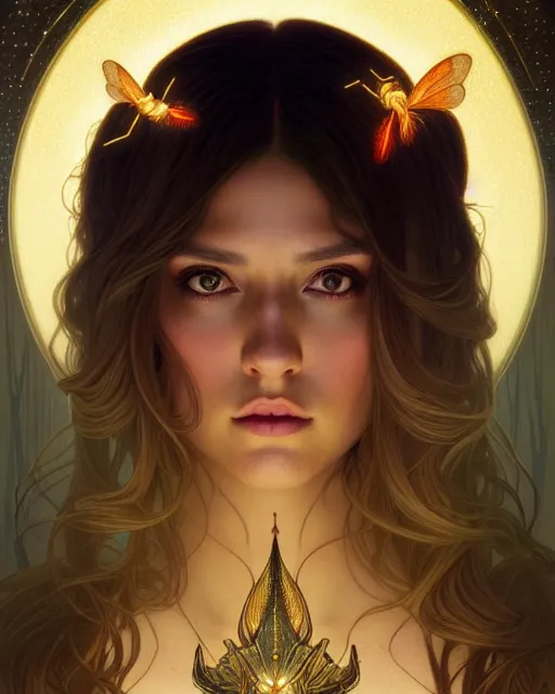 Image similar to symmetry portrait of brunette princess, glam, fae, fireflies, forest background, intricate, elegant, highly detailed, digital painting, artstation, concept art, smooth, sharp focus, illustration, art by artgerm and greg rutkowski and fra angelico and alphons mucha