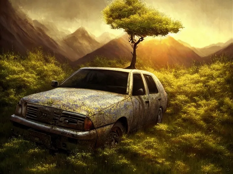 Prompt: a tree growing inside a scrap car. scrap car overgrown by trees, flowers, grass and moss. broken glass window. a soft golden sunset over the mountains in the background. clouds. hyperrealistic, highly detailed, cinematic, beautiful, cgsociety, artstation, 8 k, oil painting by greg rutkowski, by artgerm, by wlop