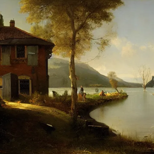 Image similar to a house by the lake painted by geoffroy thoorens