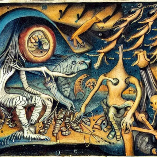 Image similar to uncanny monsters of the imagination in a surreal alchemical manuscript