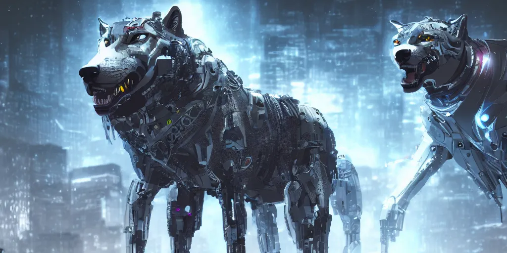 Prompt: Cyborg wolf with cyberpunk background, high detailed, octane, cinematic, 8k?