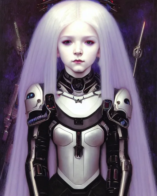 Prompt: portrait of beautiful cute young goth maiden cyborg girl with white hair in warhammer armor, art by ( ( ( kuvshinov ilya ) ) ) and wayne barlowe and gustav klimt and artgerm and wlop and william - adolphe bouguereau and zdislav beksinski