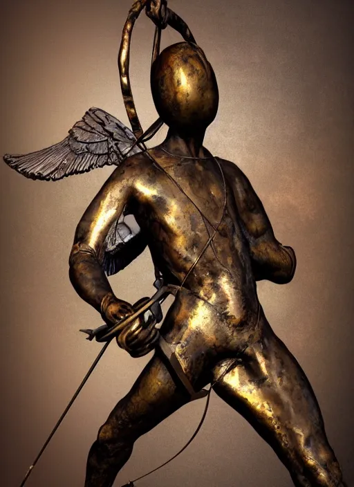 Prompt: An epic fantastic realism comic book style painting of a distressed bronze archery sculpture from the future by Stanislaw Szukalski, gilded colorful marbled paper background, winged archer, perfect shiny iridescent silver spheres, fisheye lens, unreal 5, DAZ, hyperrealistic, octane render, dynamic lighting