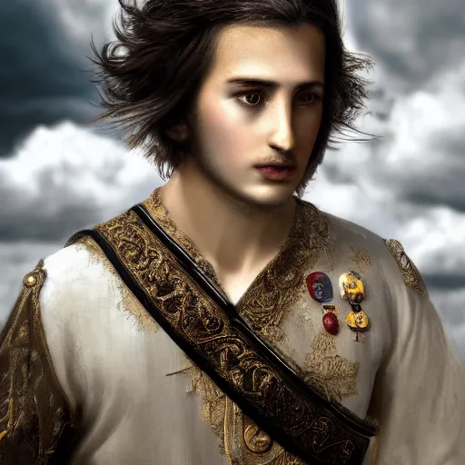 Prompt: a portrait of a young handsome prince, white fringy hair, white shirt, black tunic, smooth, epic clouds, beautiful landscape, backlit, incredible lighting, strong rim light, subsurface scattering, highly detailed, god rays, digital painting, HDRI, by Heise Jinyao, Heise-Lian Yan Fang, Feimo, Richard Taddei, vivid colors, high contrast, 8k resolution, intricate, photorealistic