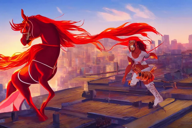 Prompt: beyonce dressed as a riding a red horse is attacking an powerful goddess on a harlem rooftop, highly detailed, 4k resolution, lighting, anime scenery by Makoto shinkai