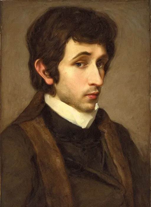 Prompt: portrait of handsome young elf with brown eyes brown hair and a short neat beard by charles angrand, only one head single portrait, pointy ears, wearing a black leather collared jacket