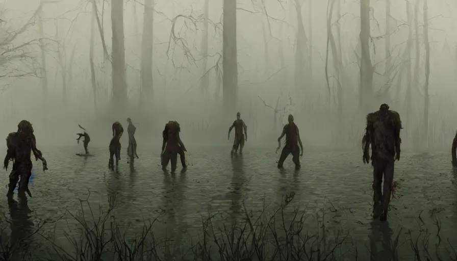 Prompt: Zombies coming out of the swamp, big fog, hyperdetailed, artstation, cgsociety, 8k